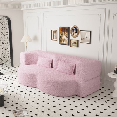 Akoasm 78 in. W Modern Convertible Teddy Fabric Foam-Filled Sofa with 2 Pillows For Bedroom & Living Room-Pink