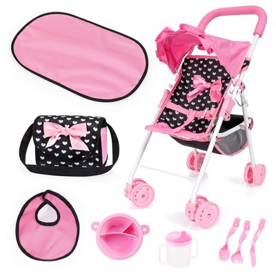 Bayer: Buggy Doll Stroller Set - Black, Pink, Hearts - Stroller w/Matching Shoulder Bag, Changing Mat & Feeding Accessories