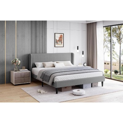 Upholstered King Bed Frame, Velvet Platform Bed with Wingback Headboard, Wood Slats Support, No Box Spring Needed, Light Grey