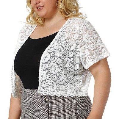 Agnes Orinda Women's Plus Size Short Sleeve Open Front Crochet Lace Allover Cropped Cardigan