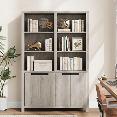 70.7" Wooden Tall Bookshelf w/Doors & Adjustable Shelf, 3-Tier Double Wide Bookcase with Cabinet and Double Storage, for Living Room Office Library