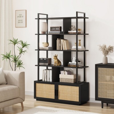 5-Tier Bookshelf with Storage Cabinet & Rattan Doors, 71.1" Industrial Bookcase with Metal Frame, Open Display Shelves for Home Office, Natural