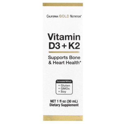 Vitamin D3 + K2 Supplement by California Gold Nutrition, Support for Bone and Heart Health, Gluten Free, Non-GMO, 1000 IU, 1 fl oz (30 ml), California