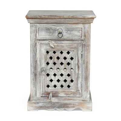 Tijeras Handcrafted Boho Mango Wood Nightstand Distressed White - Christopher Knight Home: Artisan Crafted, Storage Cabinet, No Assembly Required