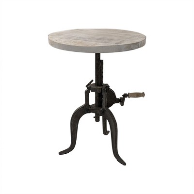 HomeRoots 19" Natural and Gunmetal Solid Wood and Iron Height Adjustable Round End Table