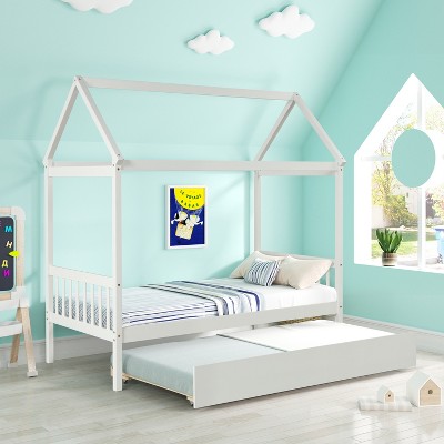 KWPZQEB Solid Wood Twin Bed Frame With Trundles, House-Shaped Frame & Solid Wood Slats, No Box Spring Needed, Easy Assembl