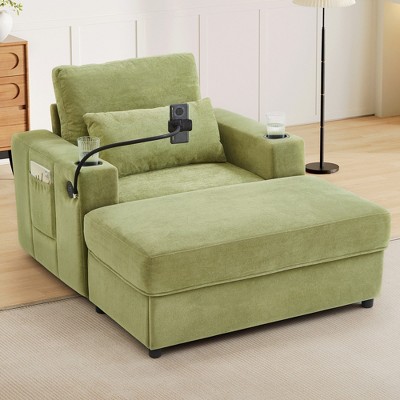 Modern Style Armchair 42.5inChaise Lounge Sofa Couch with a Movable Storage Ottoman,USB Ports,Cup Holders,Phone Holder and Side Pockets
