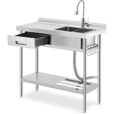 Stainless Steel Utility Sink, Workbench & Storage Drawer, Includes Pull-Out Faucet & Knife Rack, Adjustable Legs for Kitchen, Garage, Laundry
