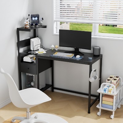 GDFStudio Corina Modern Reversible Computer Desk with 1 Drawer, LED Lights, Power Outlet and Storage Shelves