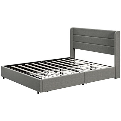 Yukimo 63" Queen Bed Frame with Storage Drawers, Upholstered Headboard Platform Base with Wood Slats, Light Gray