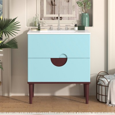 30'' Bathroom Vanity with Ceramic Sink, Solid Wood Frame Modern Bathroom Storage Cabinet with 2 Soft-Close Drawers, Blue - ModernLuxe