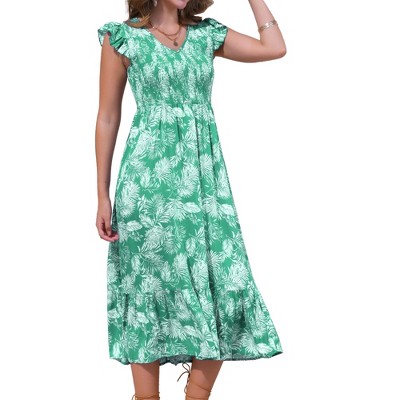 INSPIRE CHIC Women's Summer Printed V Neck Elastic Waist Ruffle Cap Sleeveless A-Line Beach Midi Dress