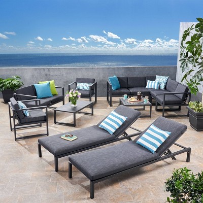 Navan 12pc Aluminum Sectional Sofa Seating Set Black/Dark Gray - Christopher Knight Home: Modular, Rust-Resistant