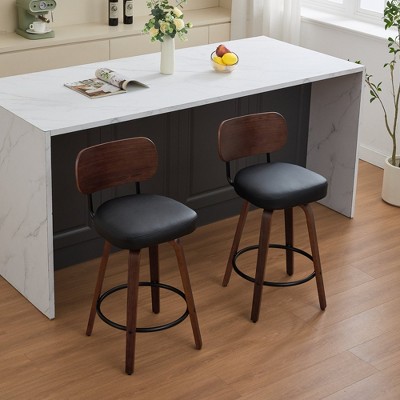 Lyngins Swivel Bar Stools Set of 2,Faux Leather Counter Height Barstools with Walnut/Rattan Back & Bentwood Legs,Bar Chairs for Kitchen Counter Cafe