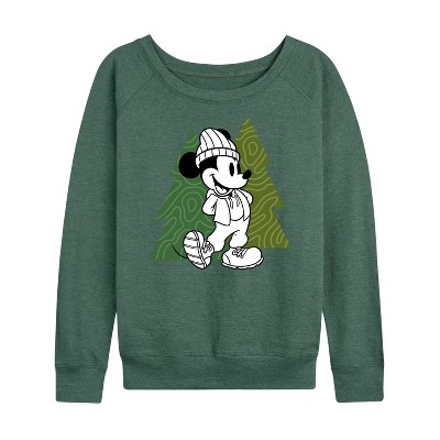 Women's - Disney - Mickey Patterned Trees Lightweight French Terry Wide Neck Long Sleeve Graphic Shirt