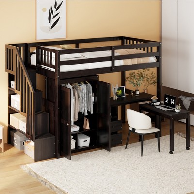 Whisen 93.5"L x 42.3"W Modern Style Loft Bed and Built-in Desk,Bookshelf, Drawers and Wardrobe