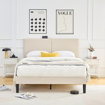 VECELO Platform Bed Frame Upholstered Beds with Height-Adjustable Cotton and Linen Headboard, Bed Frame