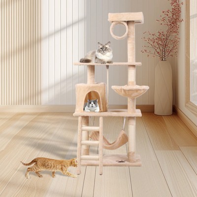 Lyngins Modern Multi-Level Cat Tree,Wooden Cat Tower for Indoor Cats,Cat Condo with Hammock & Top Perch & Scratching Posts