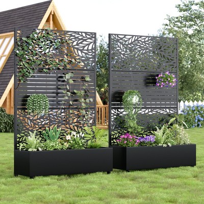 Wooakway 72"H Two-tone Patio Planter Box with Trellis Metal Raised Garden Bed Black Decorative Privacy Screen with Wheels
