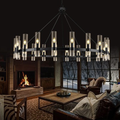 CityFurn 20/24-Light Black Wagon Wheel Chandelier Glass Pendant Light for Dining Room