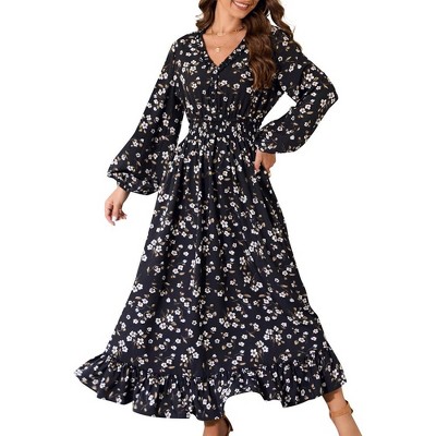 Fall Casual Dresses for Women Empire Waist V Neck Long Sleeve Maxi Ruffle Dress  Wedding Guest Dress