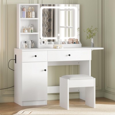 Vanity Desk with LED Lighted Mirror & Power Outlet, Makeup Vanity with Drawers & Cabinet & Chair, Vanity Table Set for Bedroom