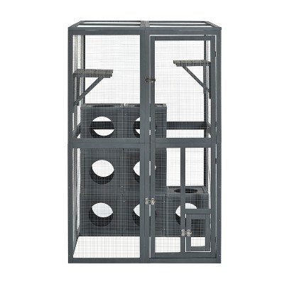 Gulches Gray Pine Wood Outdoor Cat House with Shelves and Removable Boxes