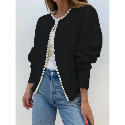 Women's Pearl Trim Knit Cardigan Long Sleeve Round Neck Open Front Blazer Jacket