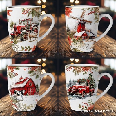 Fancy Farmhouse Holiday Set of 4 Ceramic Mugs with Real Gold Trim, Rustic Christmas Kitchen Coffee Cup Decoration| OrnamentallyYou