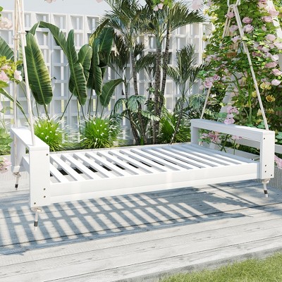 Grungis Patio Acacia Wood Swing Chair Outdoor,Twin Frame Porch Swing with Hemp Ropes for Garden,Backyard