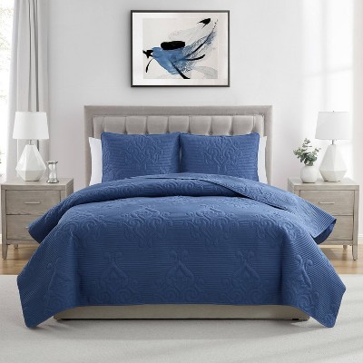 VCNY 3pc Solomun Pinsonic Quilt Set Moonlight Dark Blue