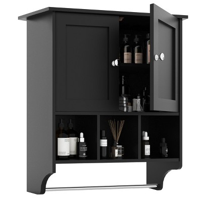 GlasFlength 27.5" Bathroom Storage Cabinets Wall Storage Cabinet Adjustable Shelf Towel Bar Wall Cabinet Elegant for Bathroom, Black