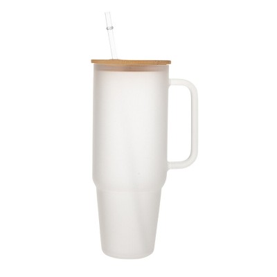 Slickblue 40 oz Glass Tumbler with Bamboo Lid, Handle, and Straw - Modern Design, Clear/Frosted Options