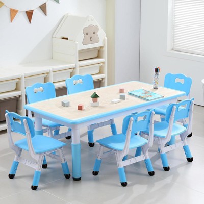 Nasitip Kids Table and 6 Chairs Set, Height Adjustable Table/Graffiti Desktop, Non-Slip Legs, Children Activity Table for Daycare, Classroom