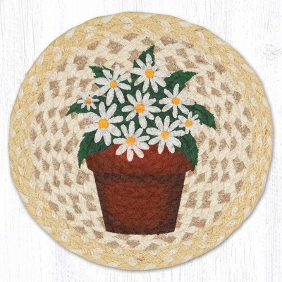 Earth Rugs Daisy Clay Pot Printed Round Trivet – 10" Braided Jute Hot Pad