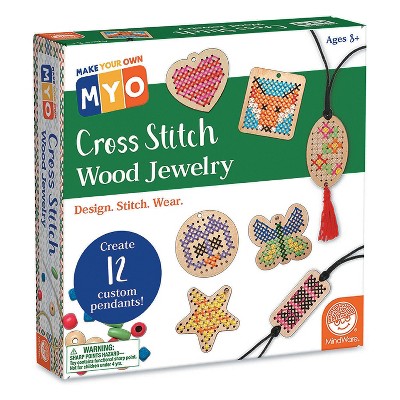 MindWare Make Your Own: Cross Stitch Wood Jewelry Craft Kit - Creates 12 Pendants