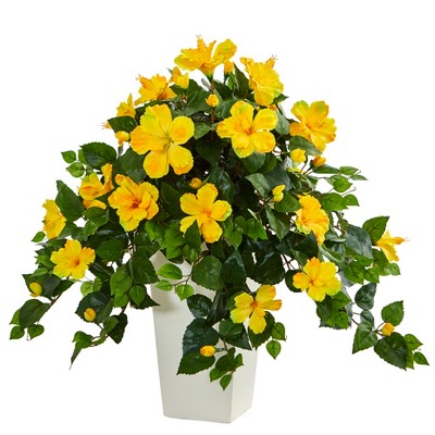Nearly Natural Hibiscus Artificial Plant in White Tower Planter