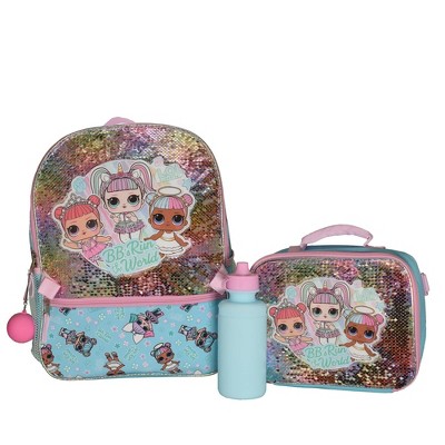 LOL Girl’s 4 Piece Backpack Set, Sequin School Bag with Front Zip Pocket, 2 Side Mesh Pockets