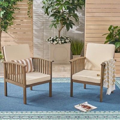 Set of 2 Outside Club Chair Water Resistant Fabric with Acacia Wood,beige-Christopher Knight Home