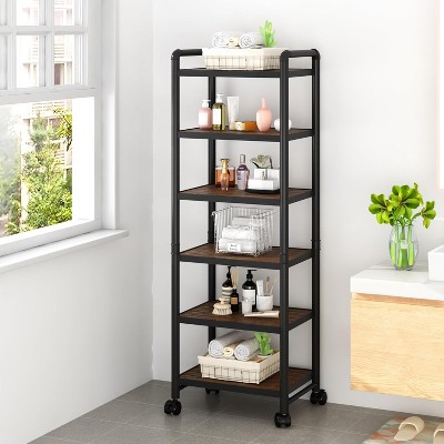 Hooseng 6-Tier Wood Rolling Storage Shelves, Adjustable Tall Bathroom & Kitchen Organizer with Wheels for Office, Laundry Room