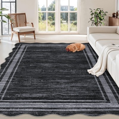 Modern Bordered Area Rug Washable Scalloped Accent Carpet, Irregular Non-Slip Low Pile Area Rugs for Living Room Bedroom