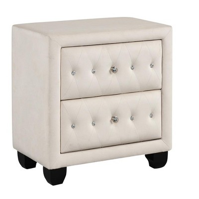 Gulches Crystal Tufted Nightstand Cream Velvet Upholstered, 2 Drawers, No Assembly, 16"Dx26"Wx27.5"H