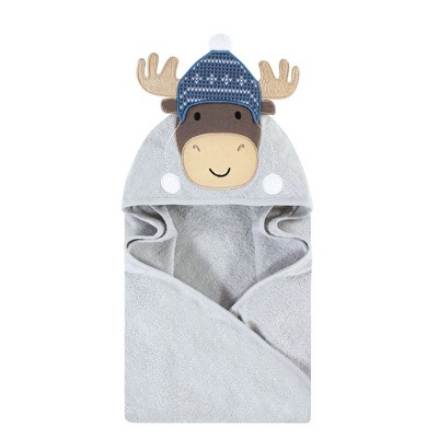 Hudson Baby Infant Boy Cotton Animal Face Hooded Towel, Winter Moose, One Size