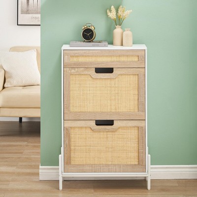 Rattan Shoe Cabinet with 2 Flip Drawers, Freestanding Shoe Organizer Cabinet, Narrow Hidden Shoe Rack for Living Room Hallway Home Office