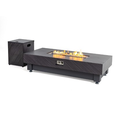 60-Inch Outdoor Gas Fire Pit Table, Modern Stone Design with Rain Cover