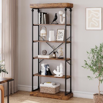 6 Tier Bookshelf Industrial Bookcase Wood Tall Standing Bookshelves Wood Vintage Display Rack Rustic Bookshelf