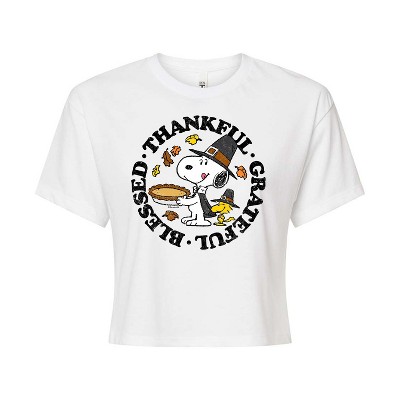 Women's - Peanuts - Thankful Grateful Blessed Cropped Graphic T-Shirt