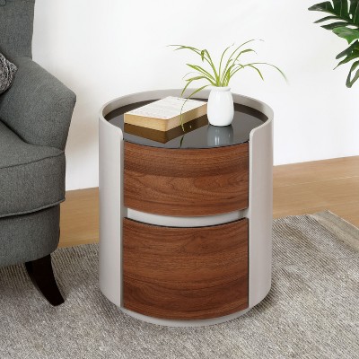Christopher Knight Home Ariday Modern Round Side Table with Tempered Glass Top and Two Drawers