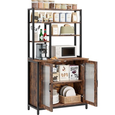 5-Tier Freestanding Bakers Rack with Cabinet, 64.5" Microwave Stand with Door, Large Coffee Bar Station with Hooks, Kitchen Storage Shelf, Brown