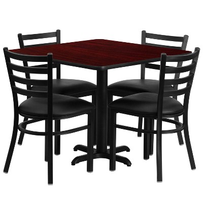 Flash Furniture 36'' Square Mahogany Laminate Table Set with X-Base and 4 Ladder Back Metal Chairs - Black Vinyl Seat